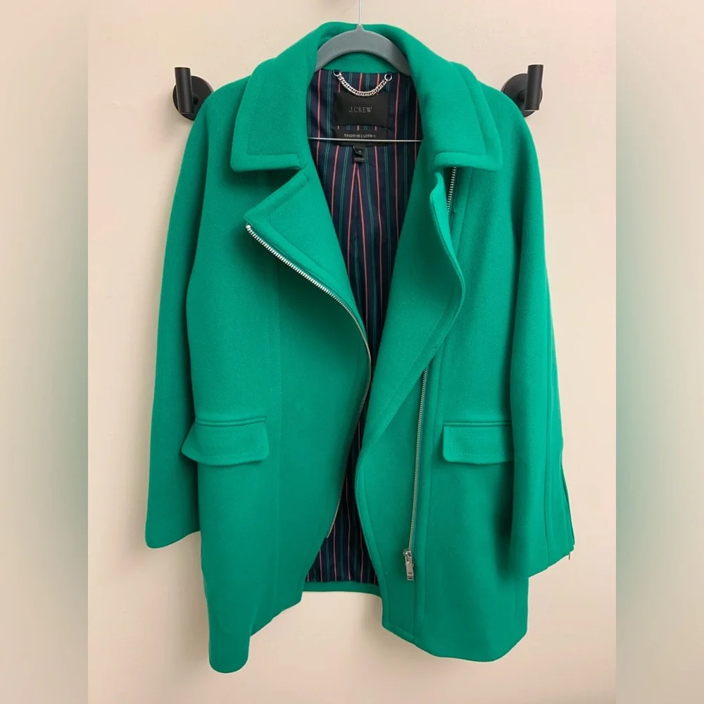 J Crew Women’s Wool Blend Emerald Green Long Two Way Zip Coat Jacket Size 12 - Picture 9 of 16
